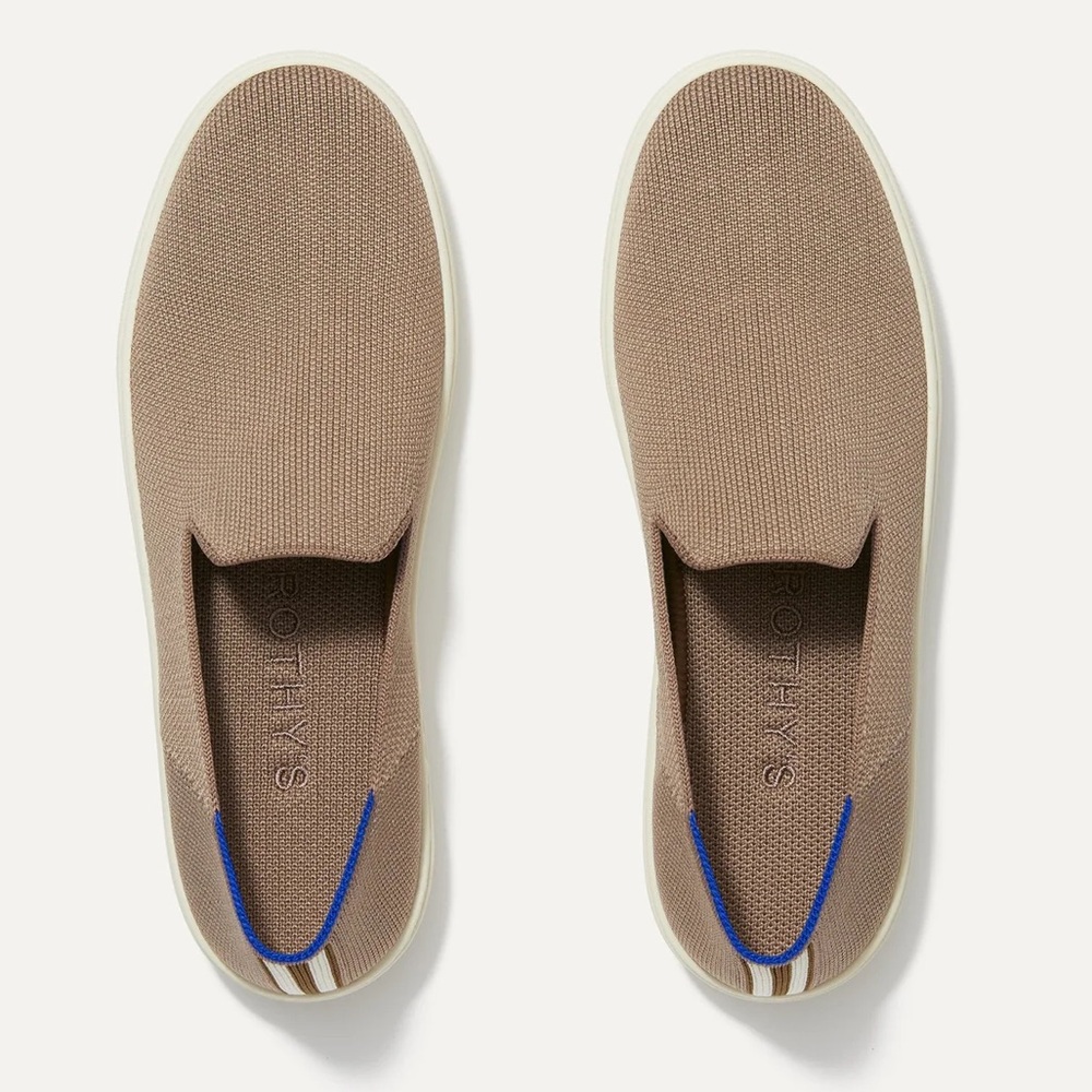 Rothy's Slip-On Sneakers in Taupe with Blue Accent